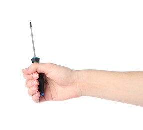 Photo of Woman holding screwdriver on white background, closeup