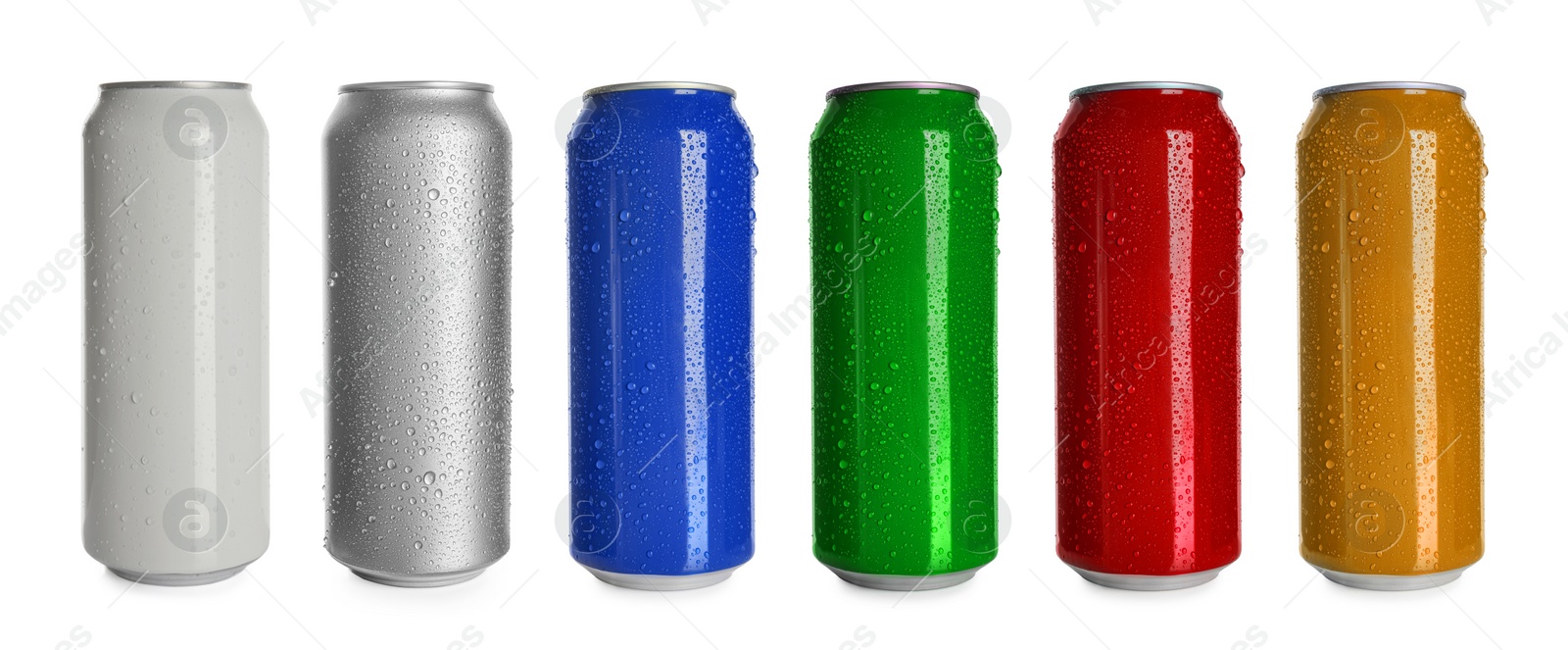 Image of Set with different colorful aluminium cans of beverage on white background. Banner design