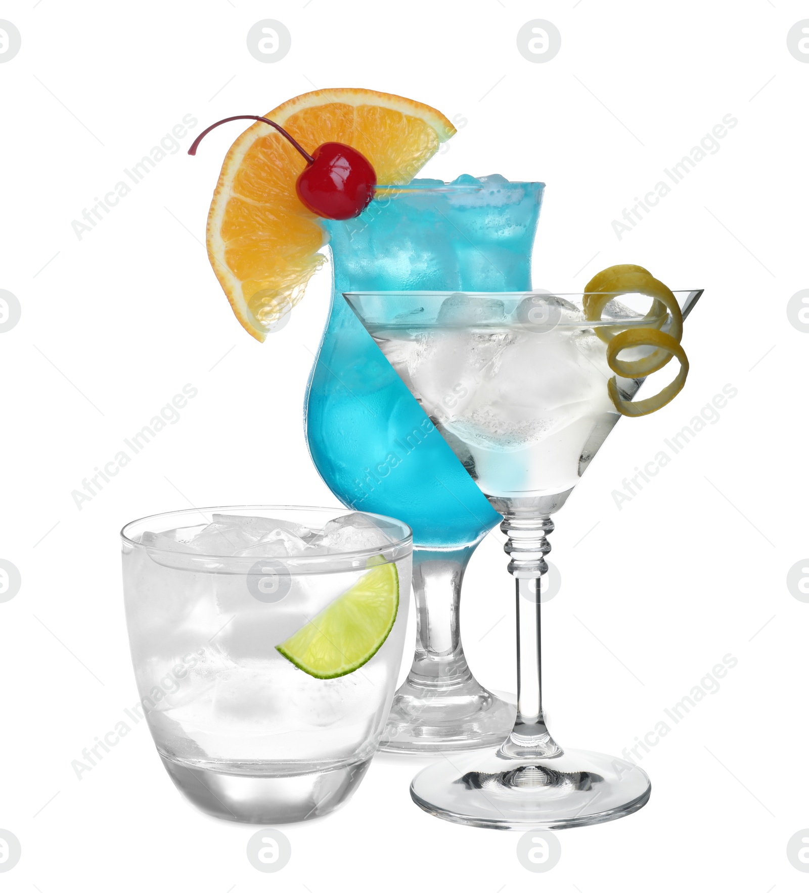 Image of Set of refreshing alcoholic drinks on white background