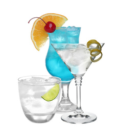 Image of Set of refreshing alcoholic drinks on white background