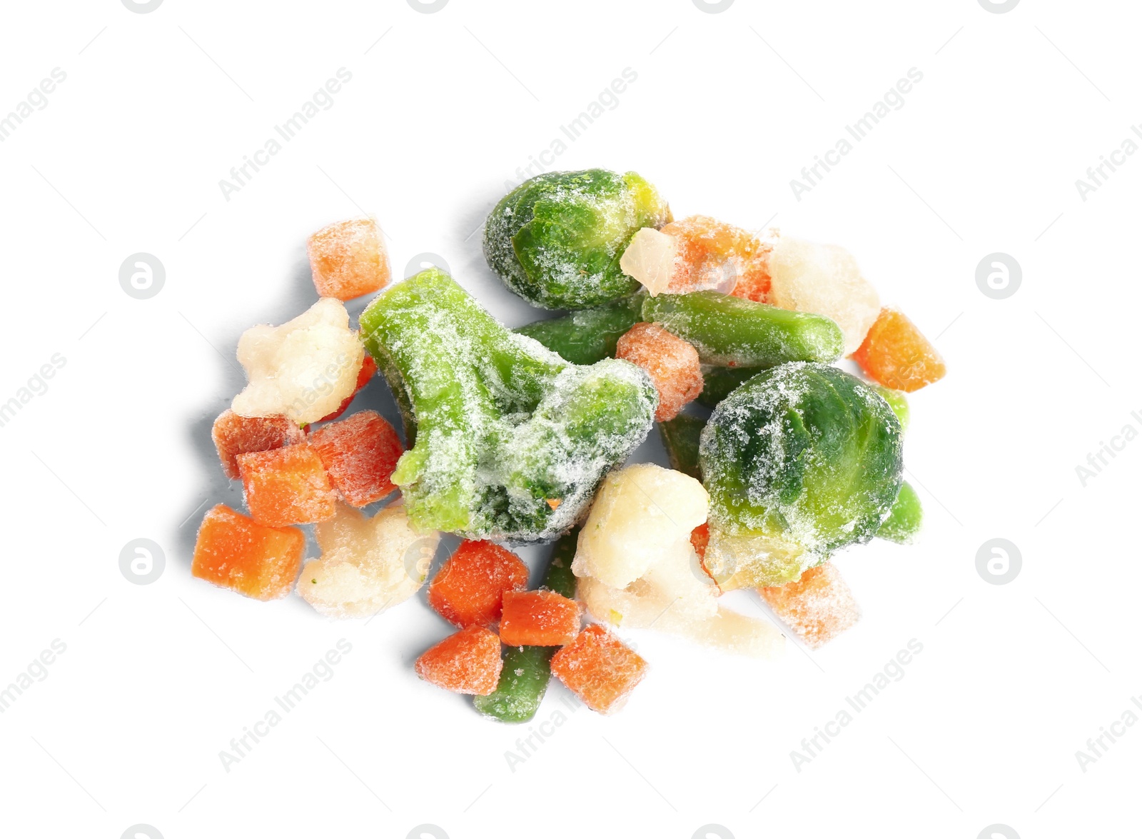 Photo of Pile of frozen vegetables isolated on white, top view