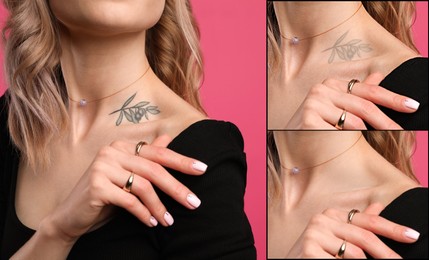 Image of Woman before and after laser tattoo removal procedures on pink background, closeup. Collage with photos