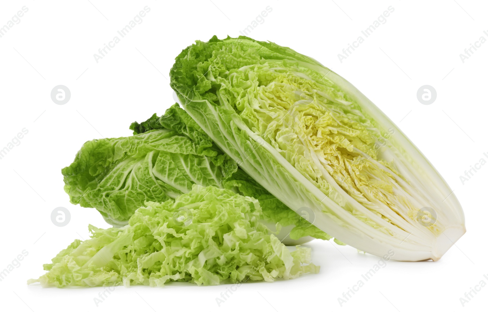 Photo of Cut fresh ripe Chinese cabbages on white background