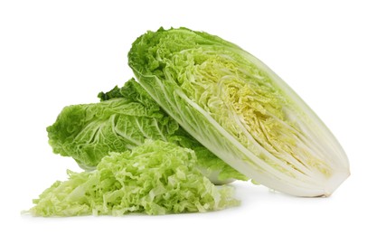 Photo of Cut fresh ripe Chinese cabbages on white background