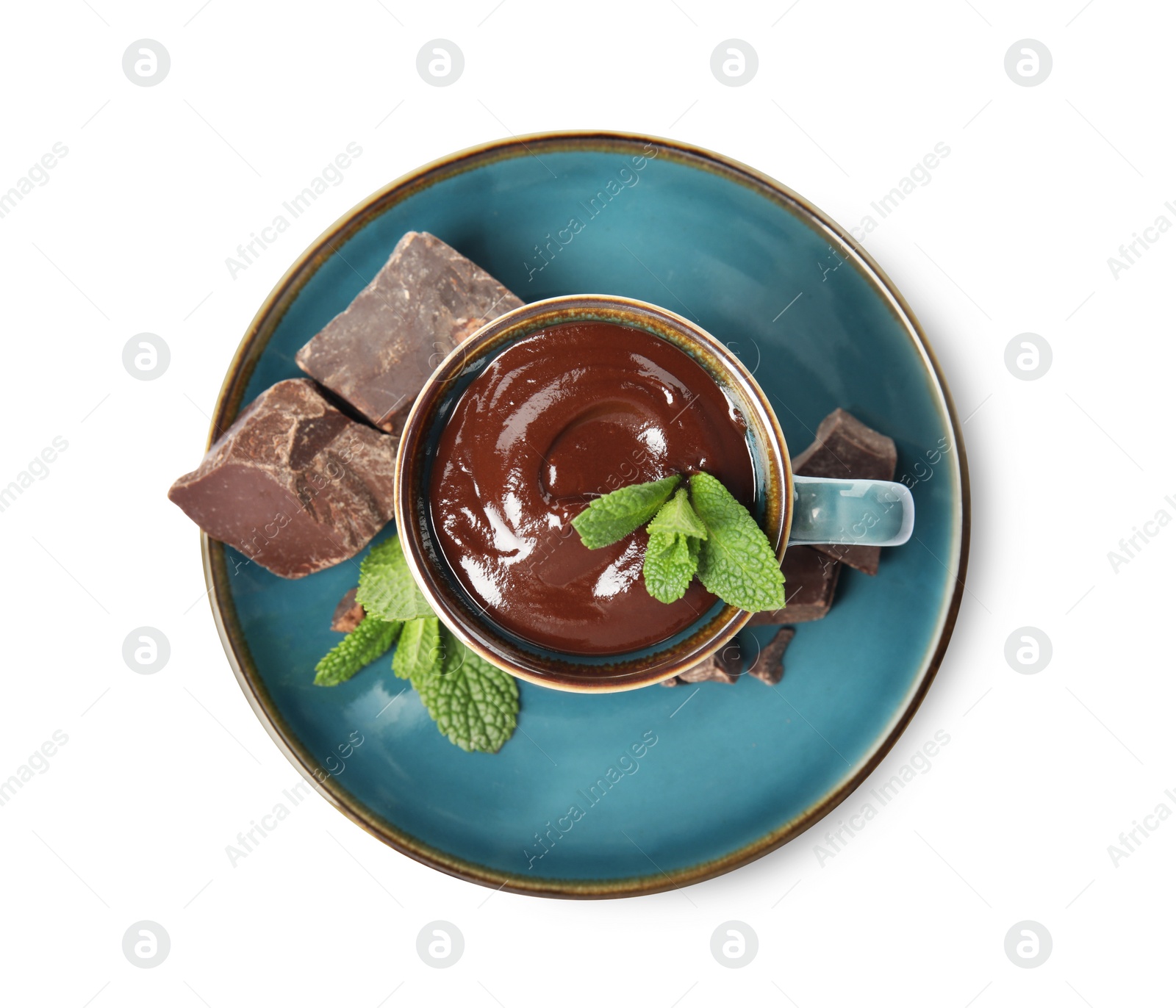 Photo of Cup of delicious hot chocolate with chunks and fresh mint on white background, top view