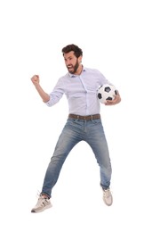 Photo of Emotional sports fan with soccer ball on white background