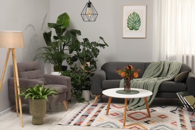 Photo of Vase with bouquet of beautiful leucospermum flowers on coffee table, sofa, armchair and houseplants in room