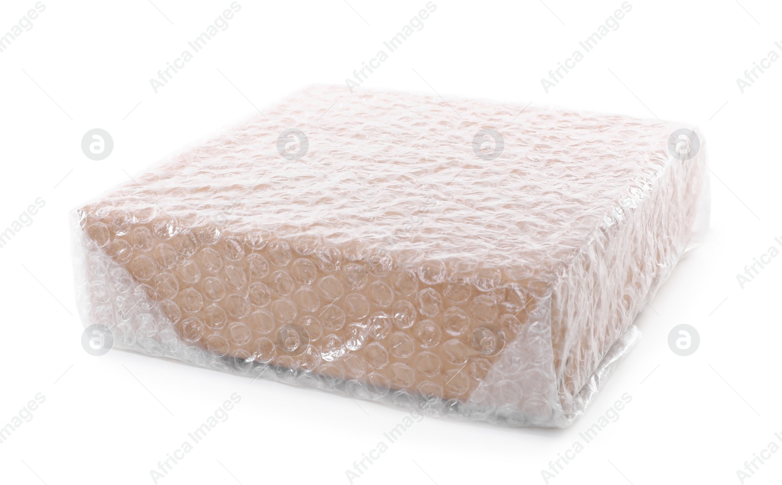 Photo of Cardboard box packed in bubble wrap isolated on white