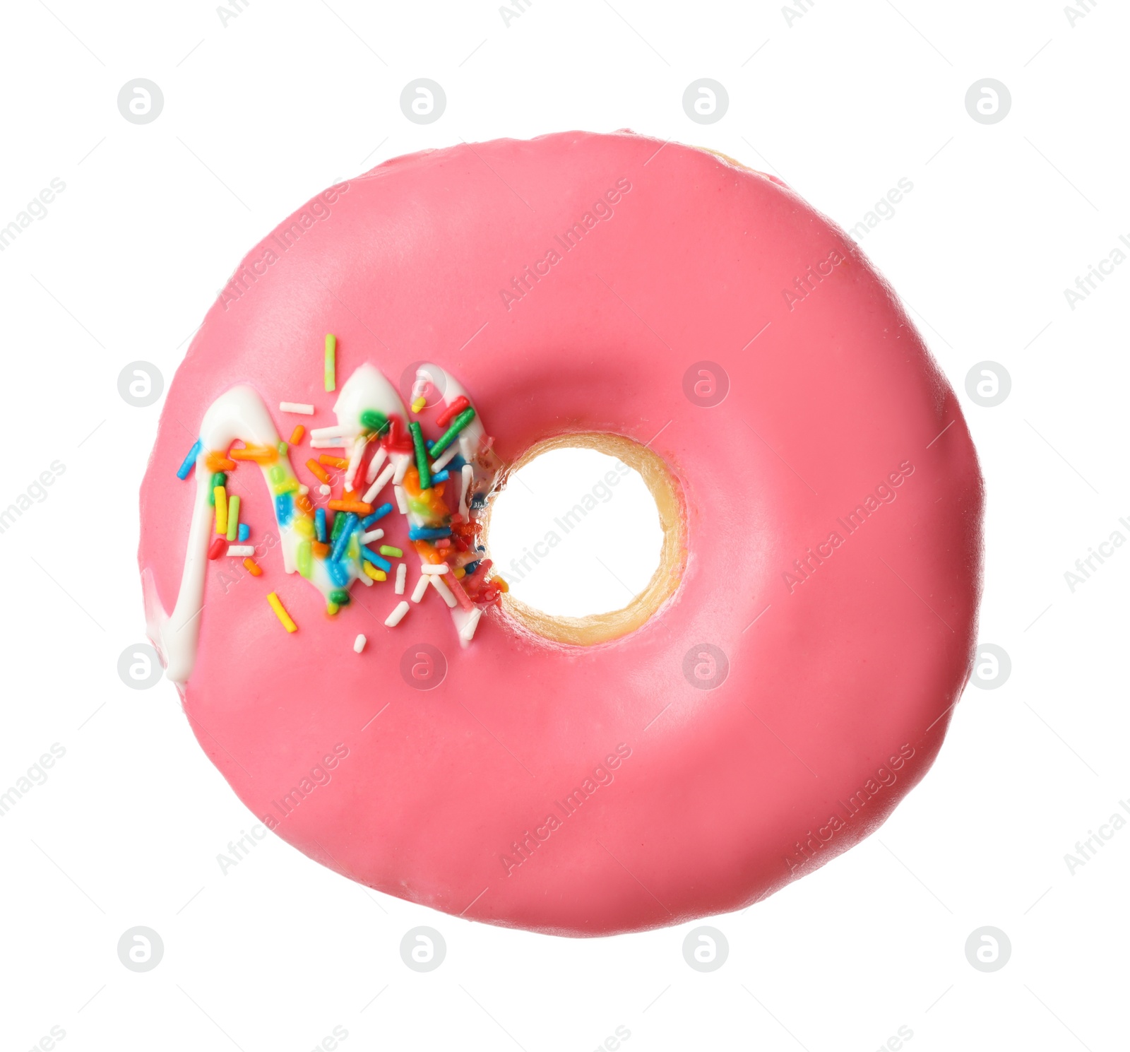 Photo of Sweet tasty glazed donut decorated with sprinkles isolated on white