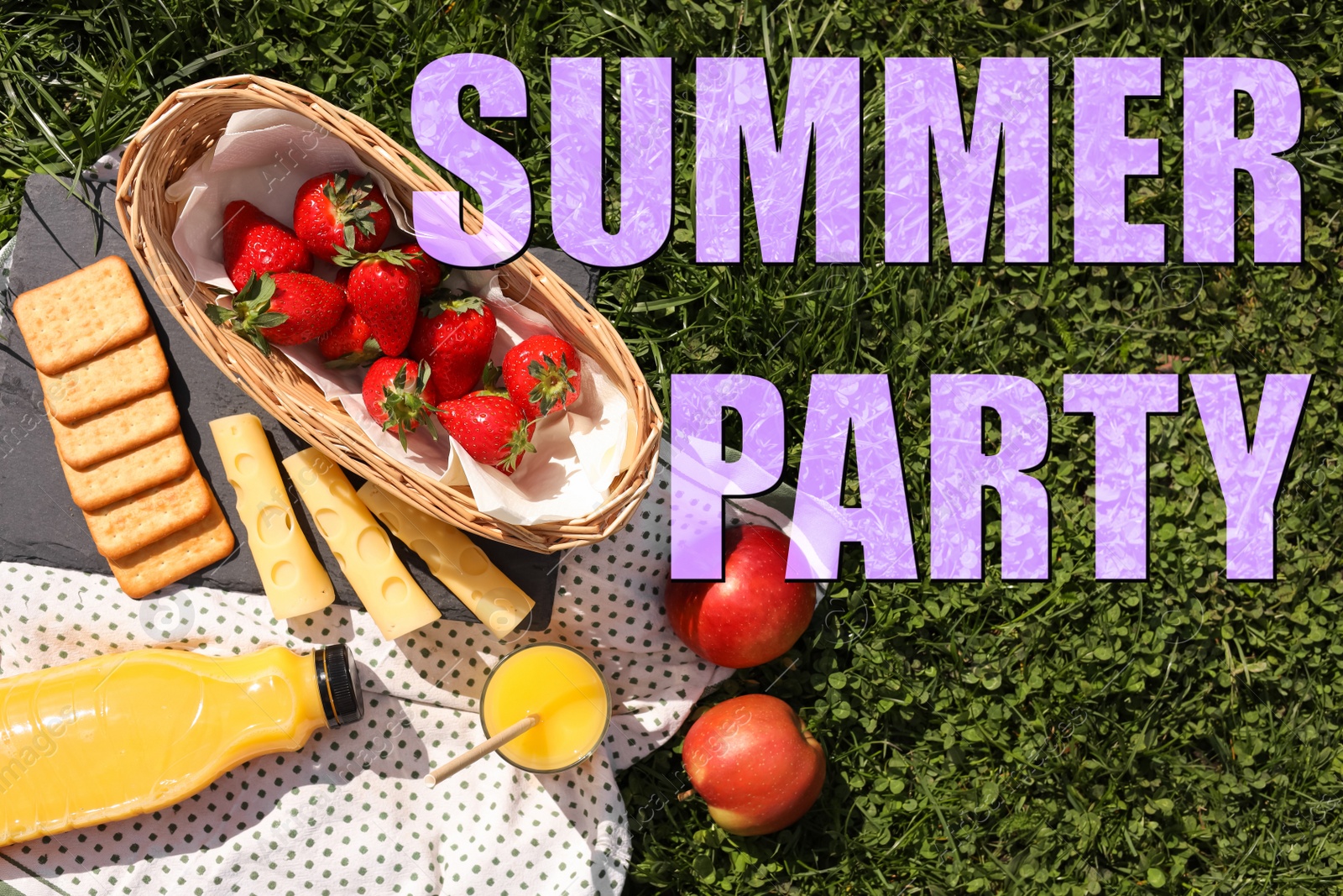 Image of Picnic blanket with juice and snacks on green grass, flat lay. Summer Party