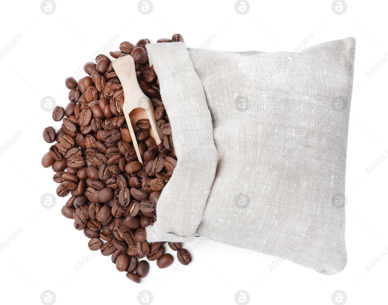 Photo of Sack and roasted coffee beans on white background, top view