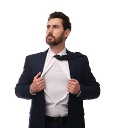 Photo of Confident businessman wearing superhero costume under suit on white background