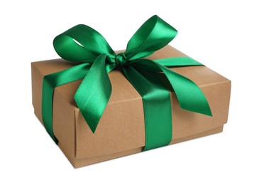 Photo of Christmas gift. Box with green ribbon bow on white background