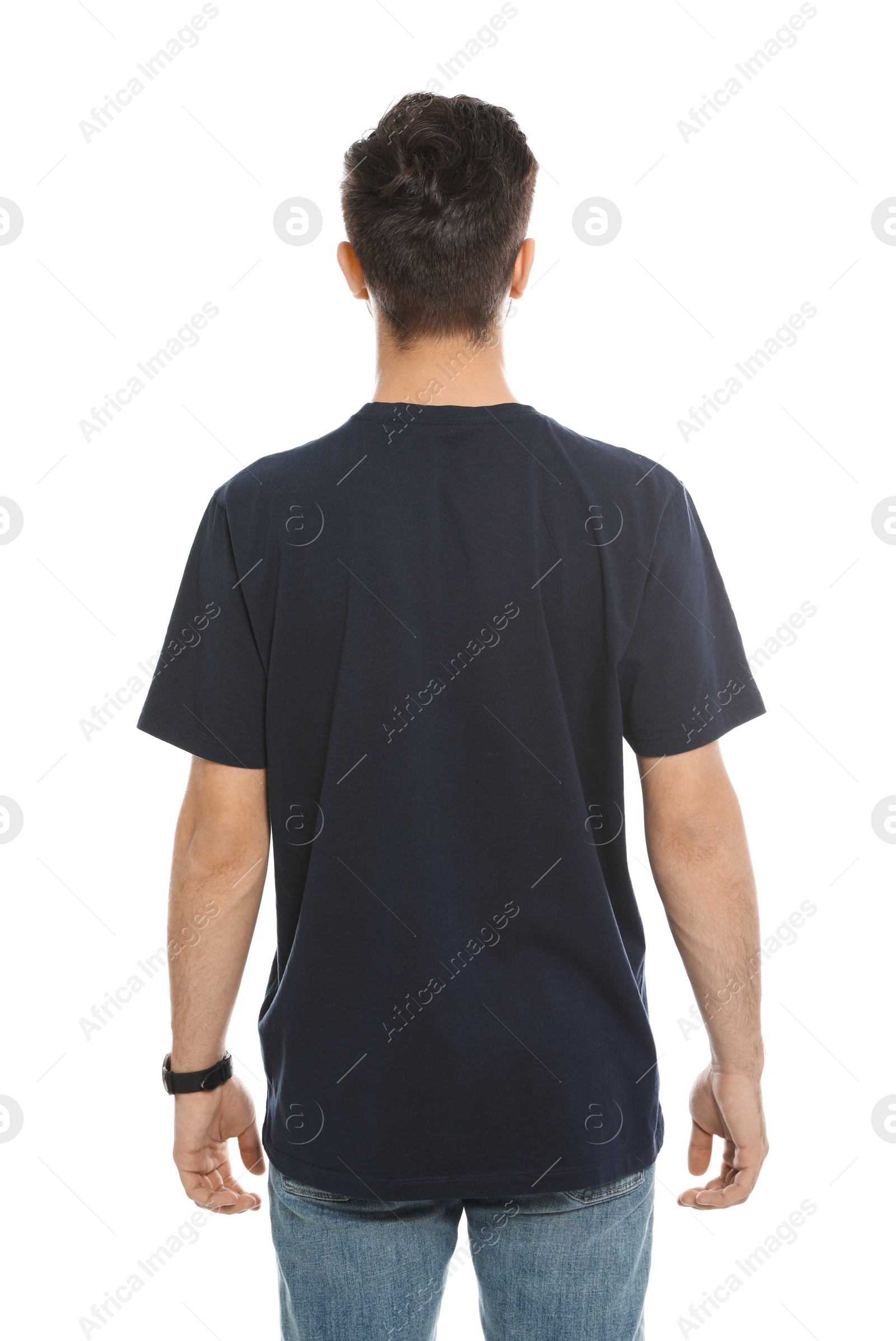 Photo of Young man in t-shirt on white background. Mock up for design