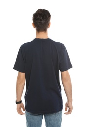 Photo of Young man in t-shirt on white background. Mock up for design