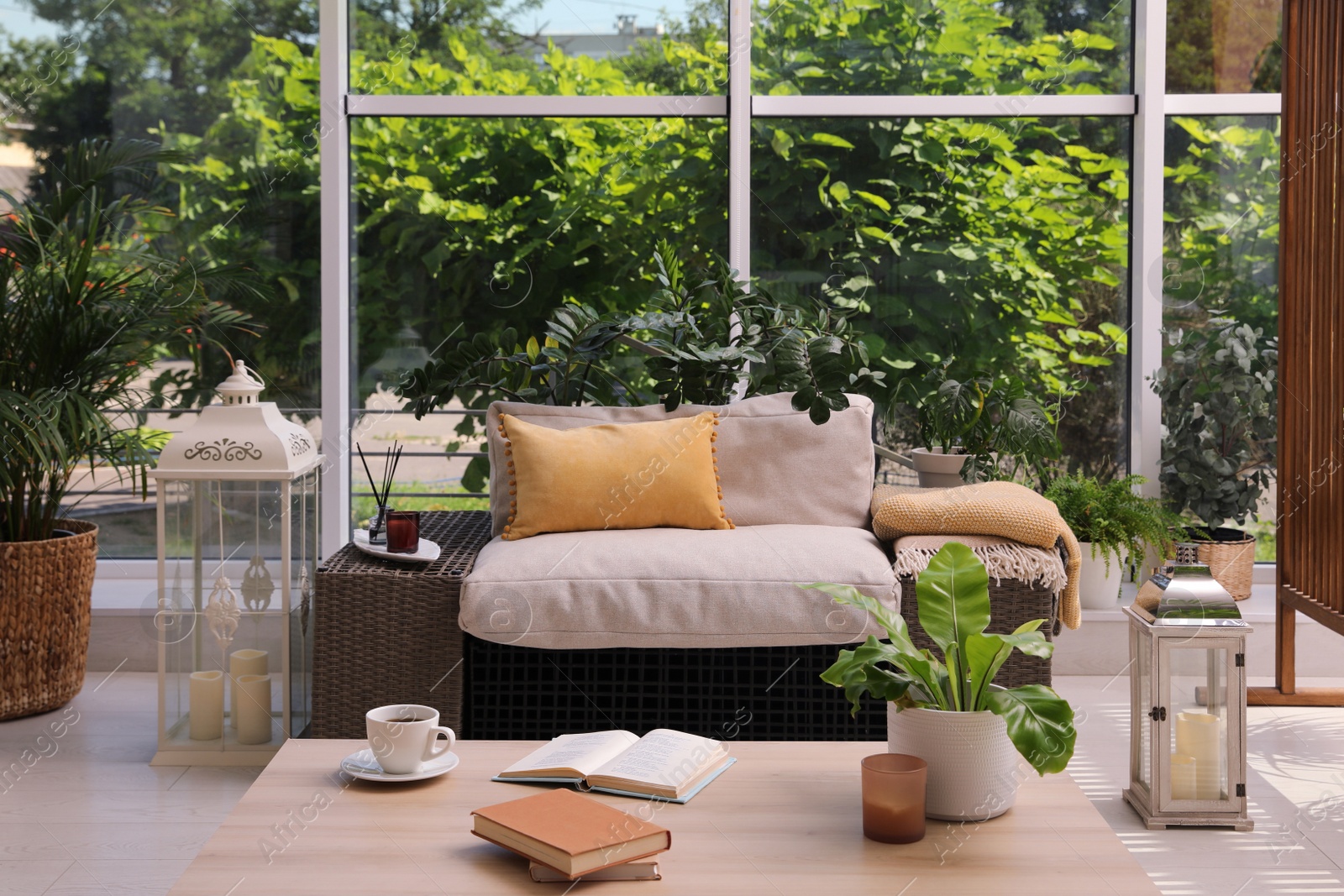 Photo of Indoor terrace interior with modern furniture and houseplants