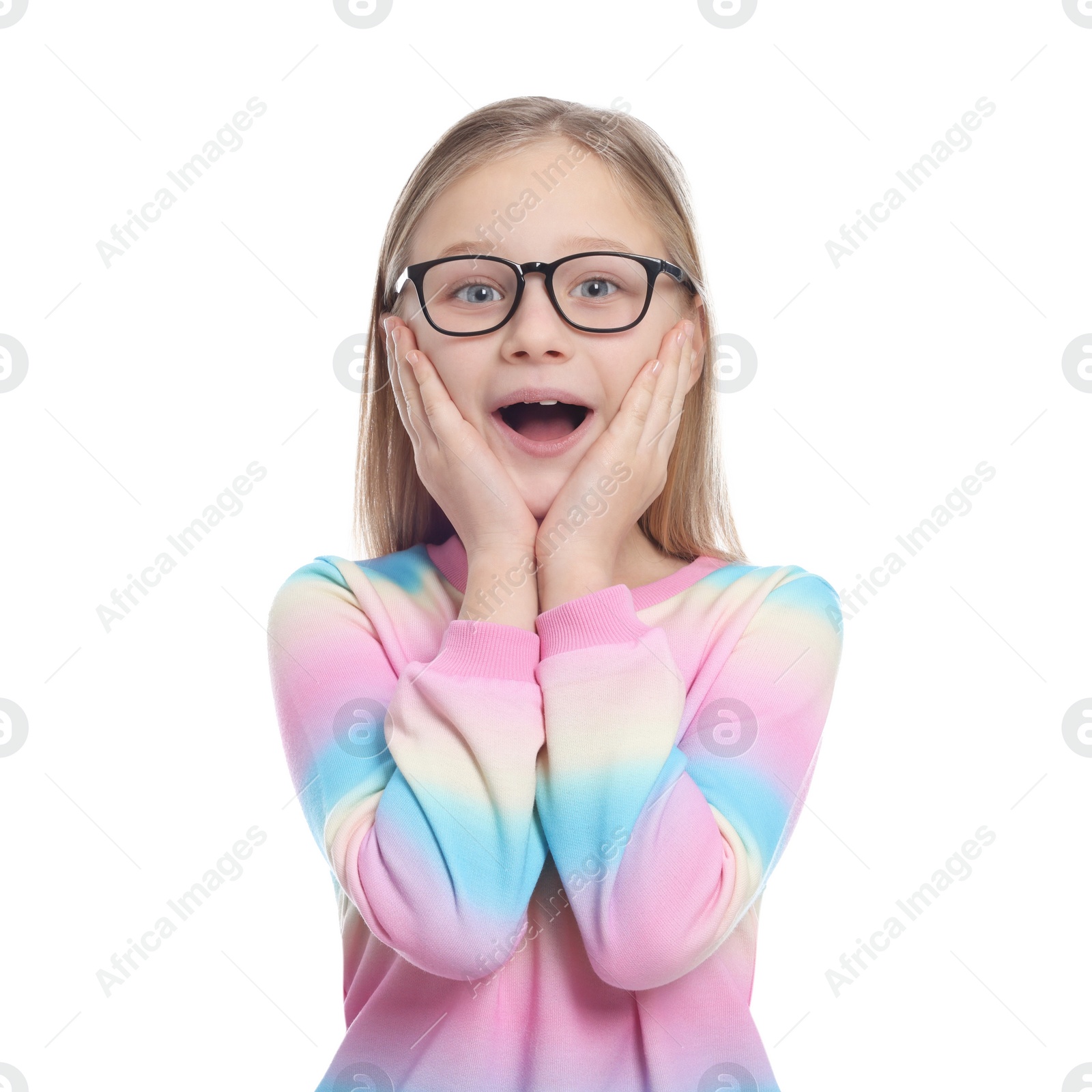 Photo of Portrait of emotional girl in glasses on white background