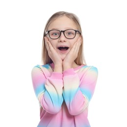 Photo of Portrait of emotional girl in glasses on white background
