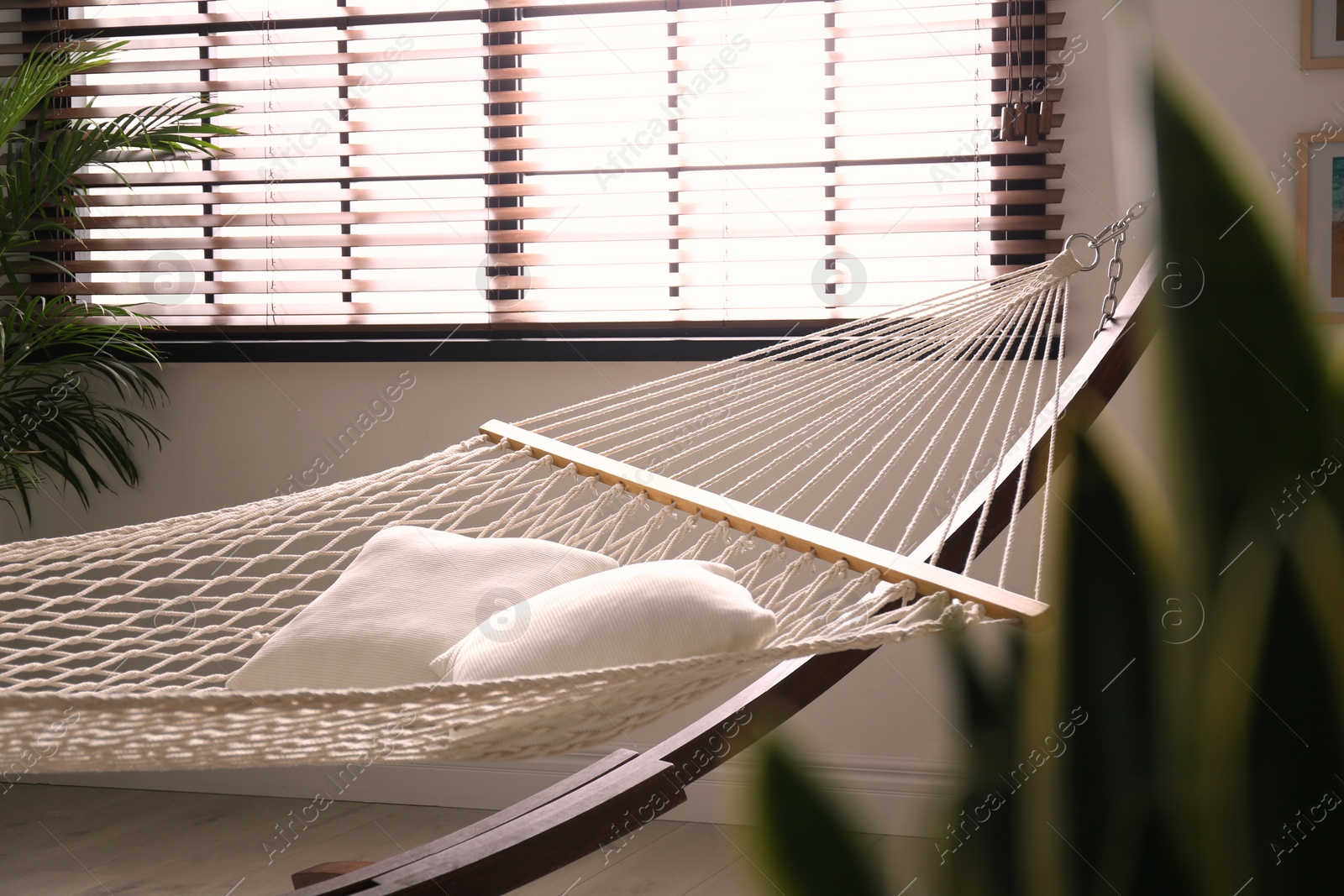 Photo of Comfortable net hammock with pillows in stylish room. Interior design