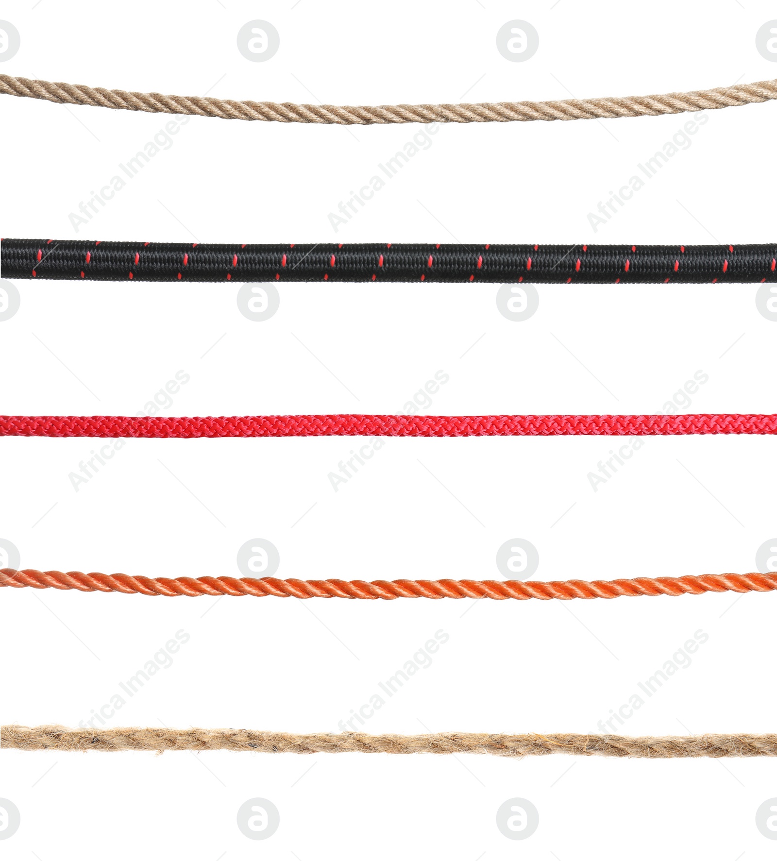 Image of Set of different ropes on white background