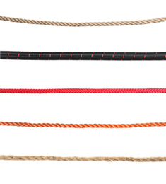 Set of different ropes on white background