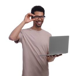 Photo of Happy man with laptop on white background