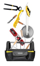 Image of Different carpenter's tools falling into bag on white background