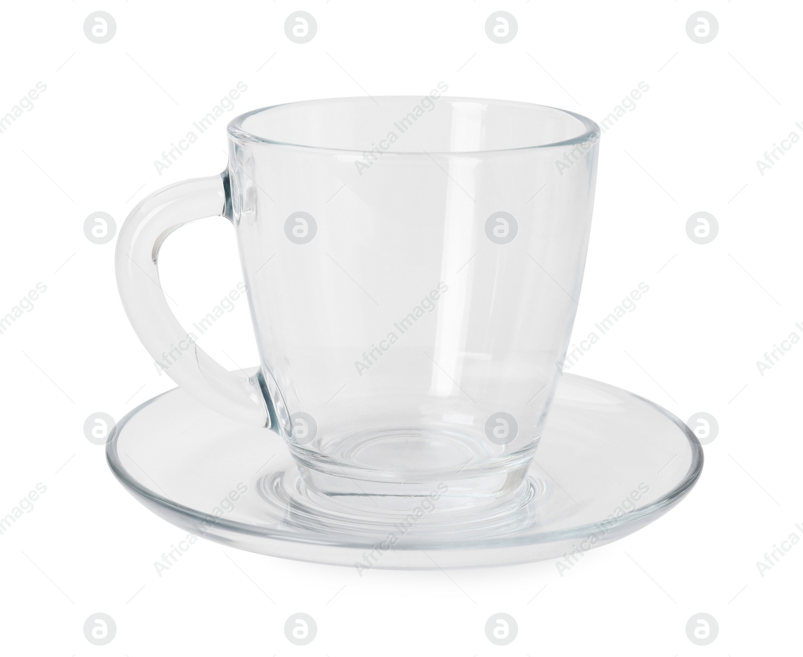 Photo of One clean glass cup and saucer isolated on white