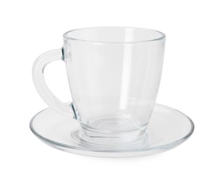 One clean glass cup and saucer isolated on white