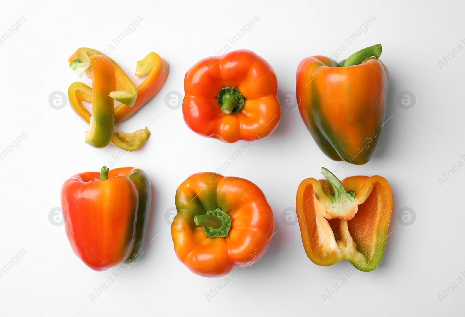 Photo of Flat lay composition with raw ripe paprika peppers on white background