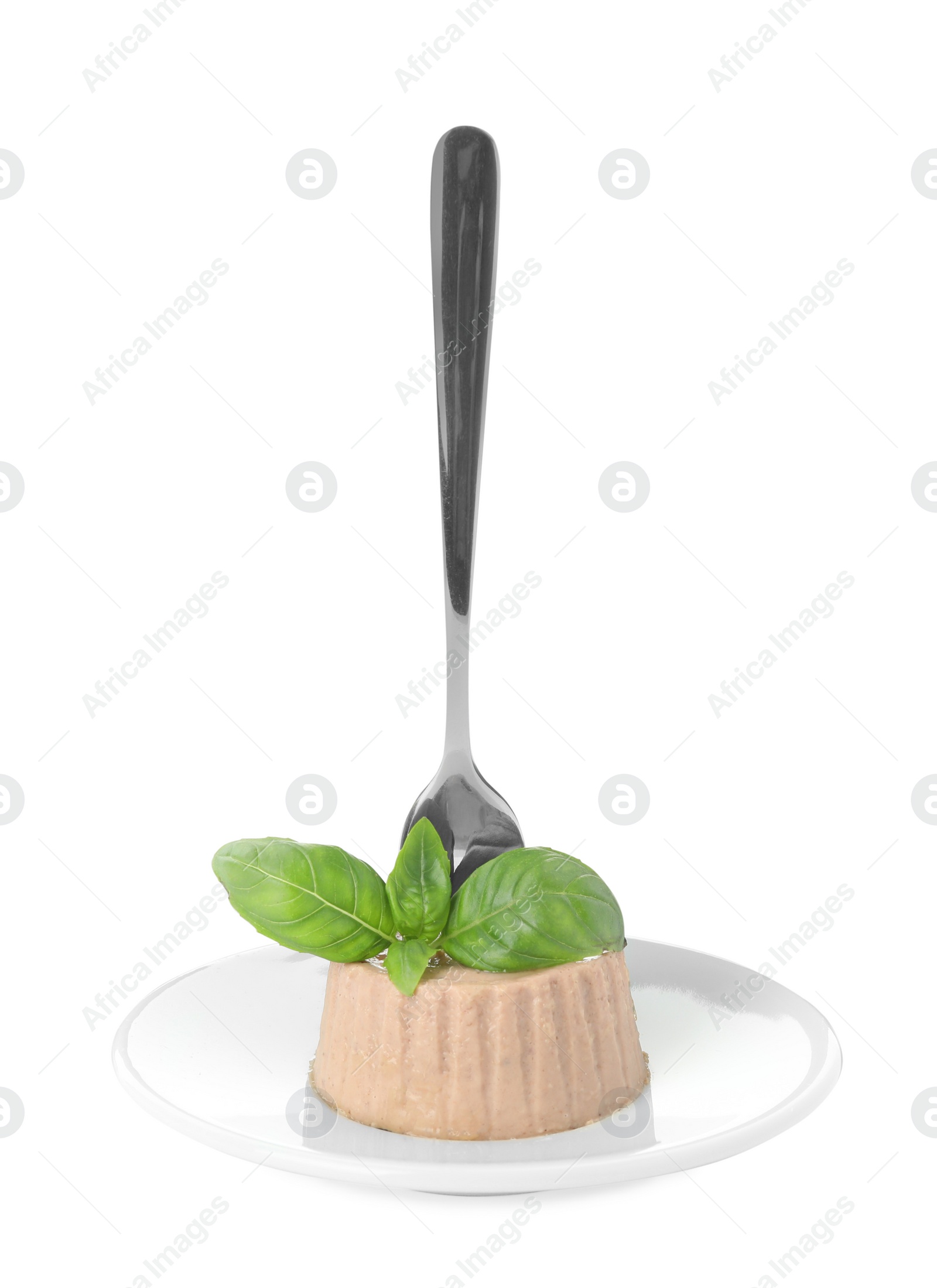 Photo of Plate of delicious meat pate with basil and fork isolated on white