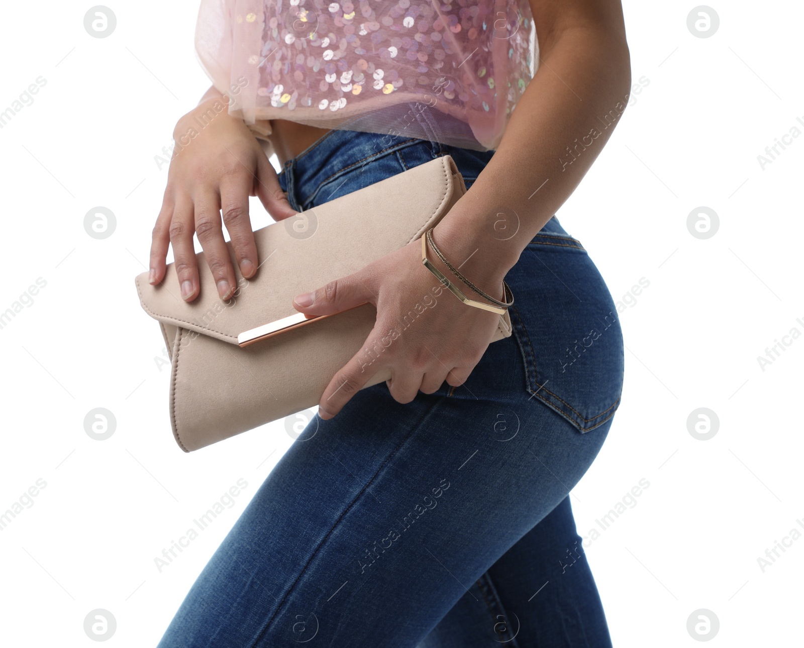 Photo of Woman in jeans with clutch purse on white background, closeup