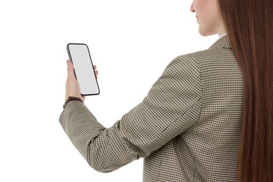 Woman holding smartphone with blank screen on white background, closeup. Mockup for design