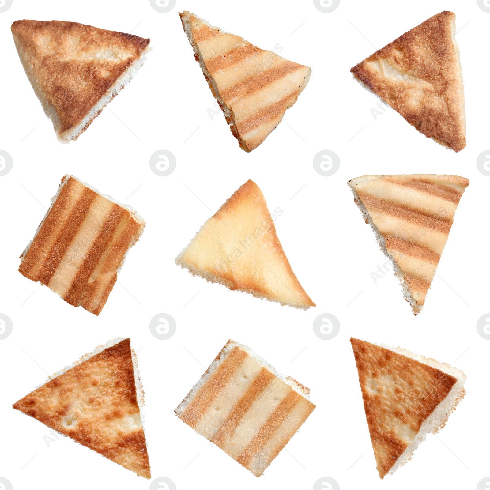 Image of Set with delicious crispy pita chips on white background