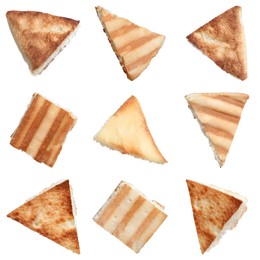 Image of Set with delicious crispy pita chips on white background