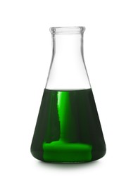 Conical flask with green liquid isolated on white. Laboratory glassware