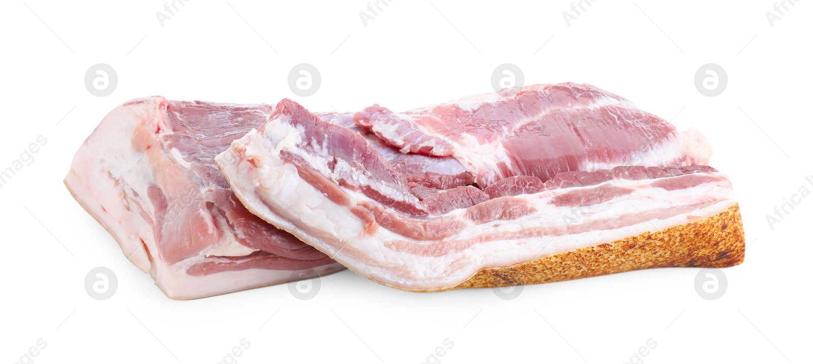 Photo of Pieces of raw pork belly isolated on white