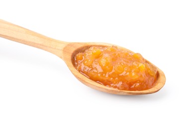 Photo of Wooden spoon with tasty apricot jam isolated on white
