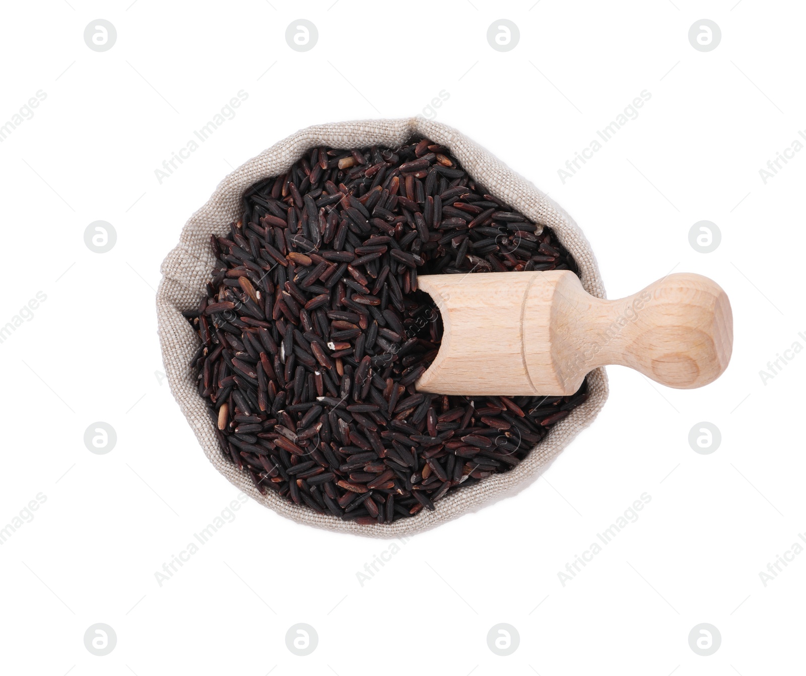 Photo of Raw black rice in sack isolated on white, top view