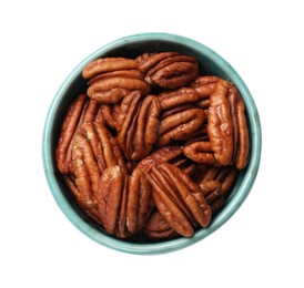 Photo of Tasty pecan nuts in bowl isolated on white, top view