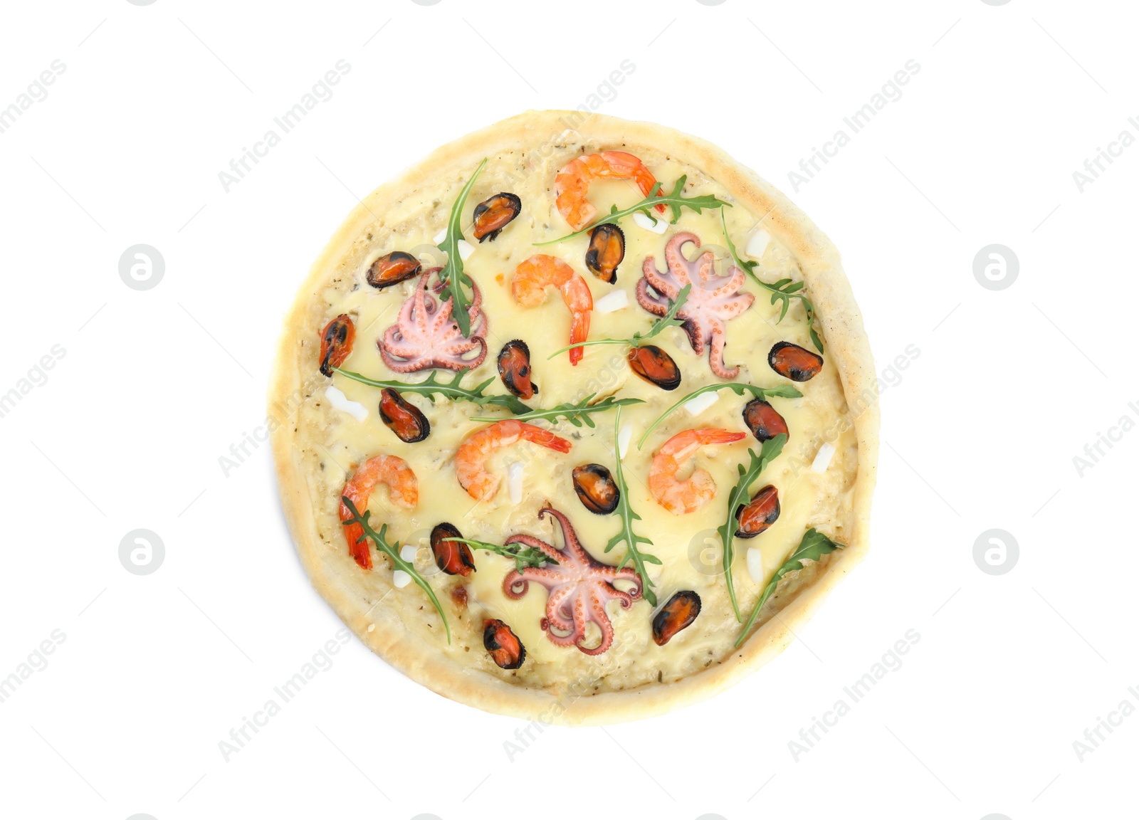 Photo of Delicious seafood pizza isolated on white, top view