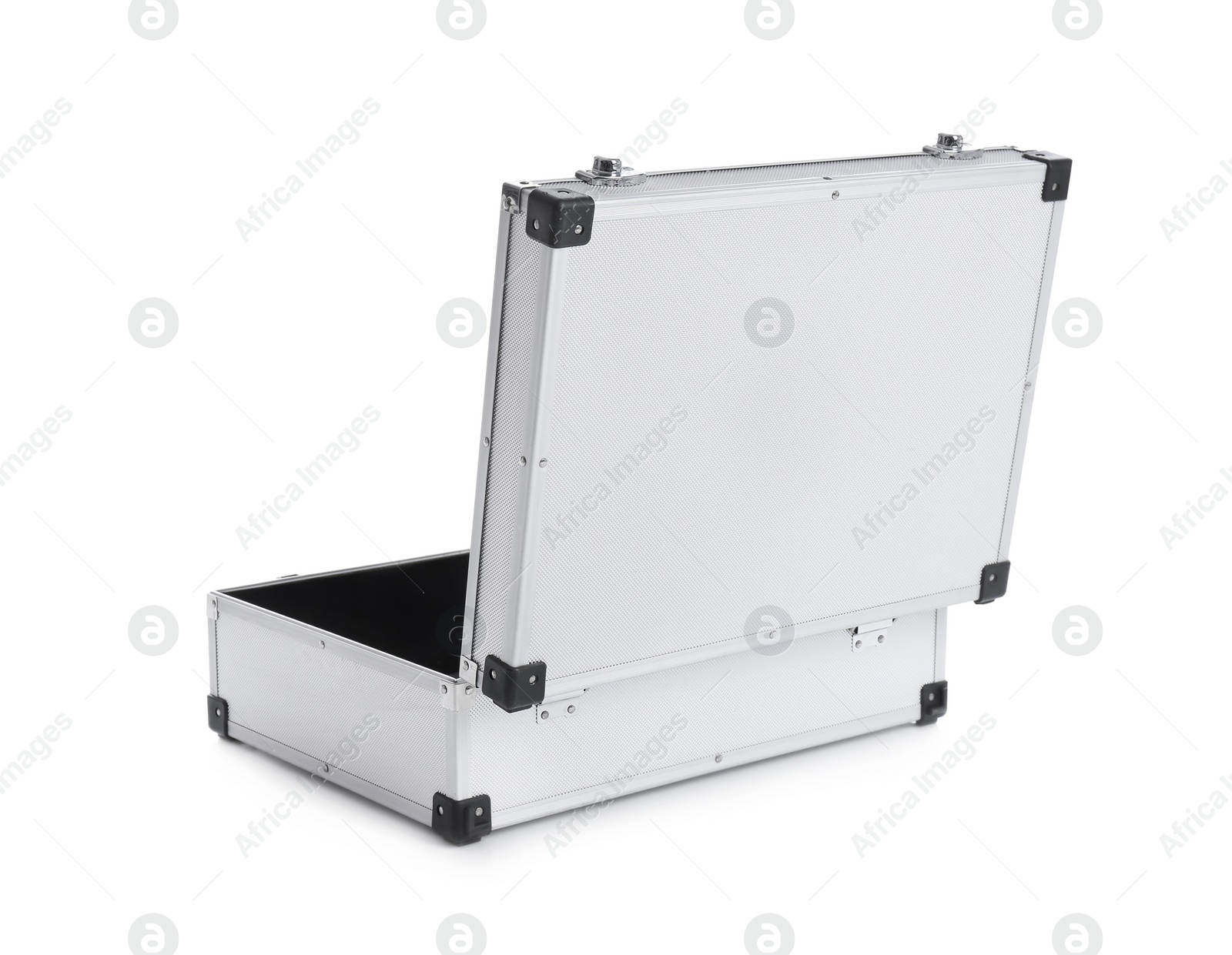 Photo of Open modern suitcase on white background