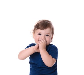 Cute little boy isolated on white. Adorable child