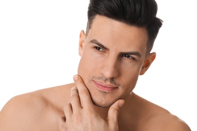 Photo of Handsome man with stubble before shaving on white background, closeup