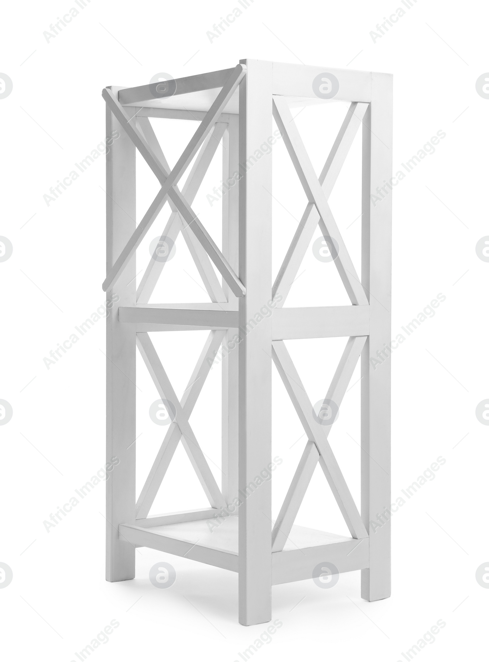 Photo of Empty wooden shelving unit isolated on white