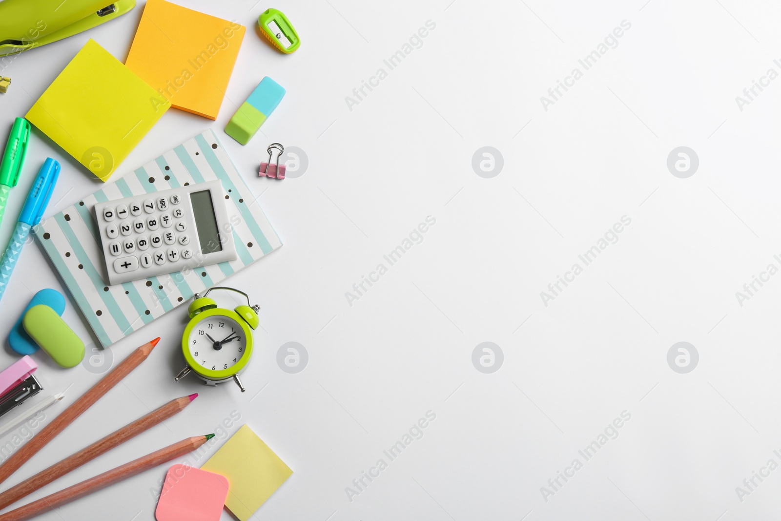 Photo of School stationery on white background, flat lay with space for text. Back to school