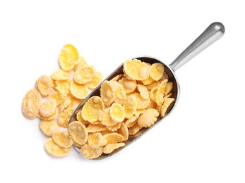 Metal scoop of tasty crispy corn flakes on white background, top view