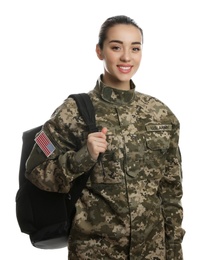 Female soldier with backpack on white background. Military education