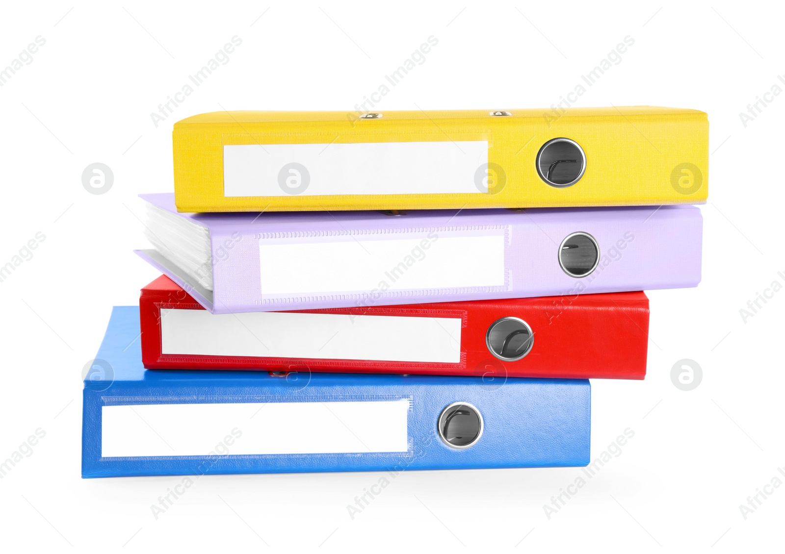 Photo of Many bright office folders isolated on white