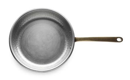 Photo of New metal frying pan isolated on white